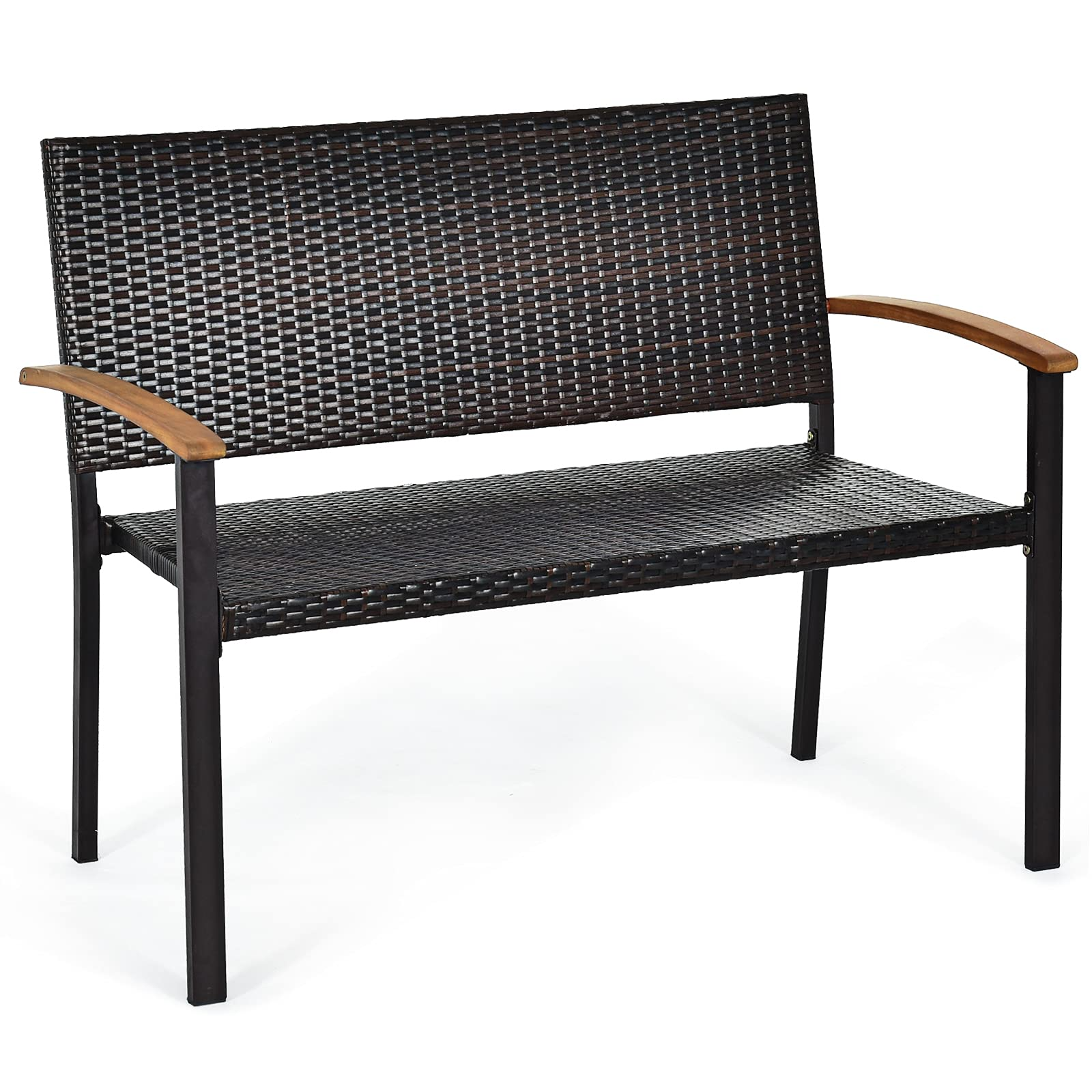 Banc en osier Tangkula pour terrasse, banc en rotin toutes saisons avec accoudoirs en bois d'acacia, causeuse d'extérieur